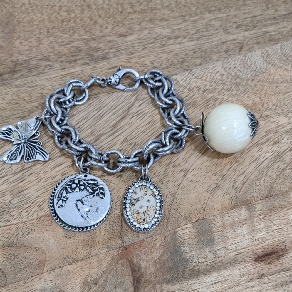 LUCKY CHARM Antique Silver Charm Bracelet with Cream Accents